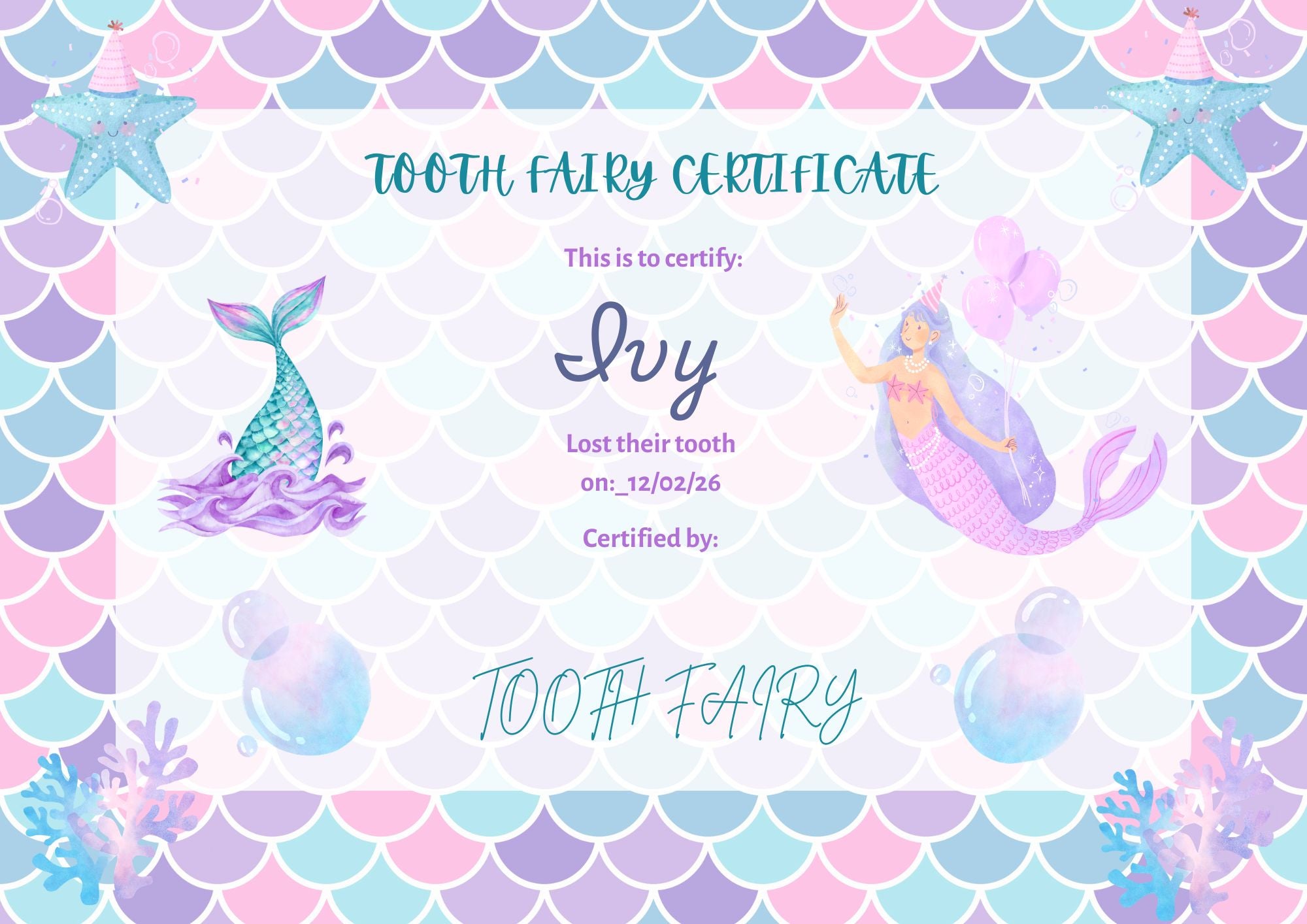 Personalised Mermaid lost tooth certificate